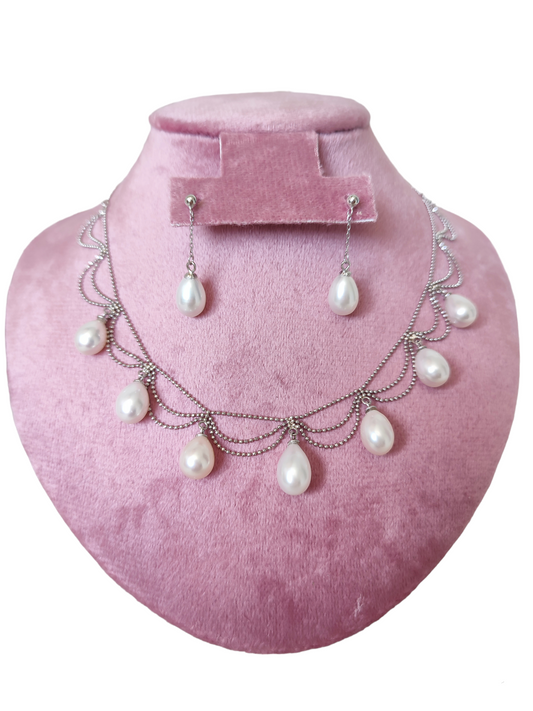 Set of pearls S925 sterling Silver, necklace & earrings